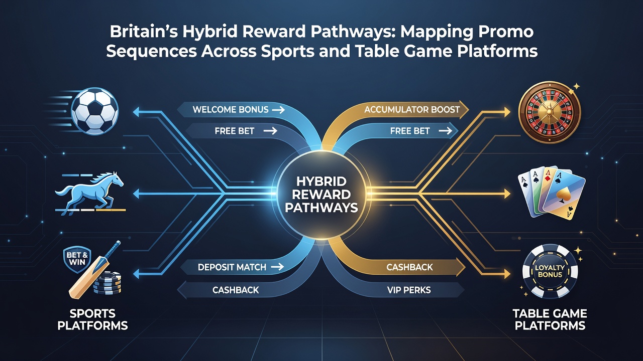 Diagram mapping reward sequences from sports promotions to table game bonuses on British platforms