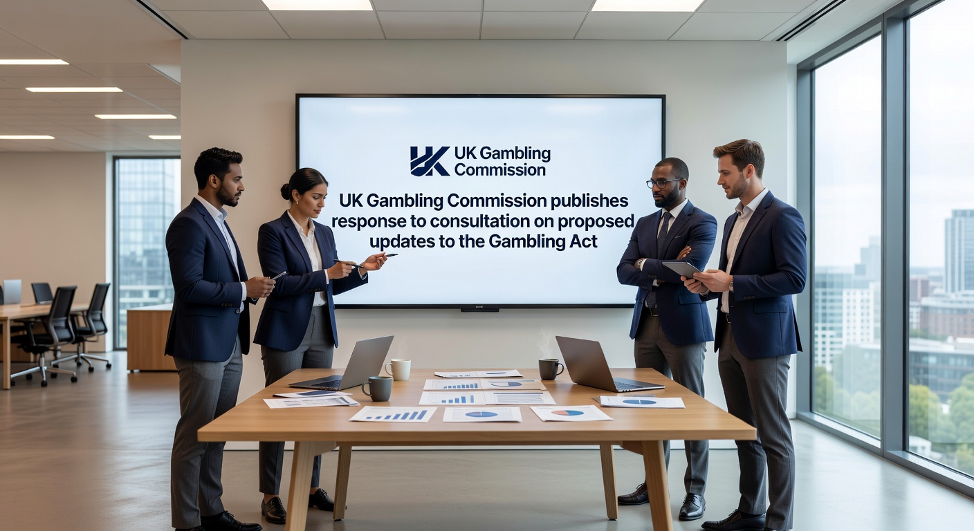 Close-up of a UK Gambling Commission official notifying a casino operator about machine compliance, with paperwork and gaming machines in the background