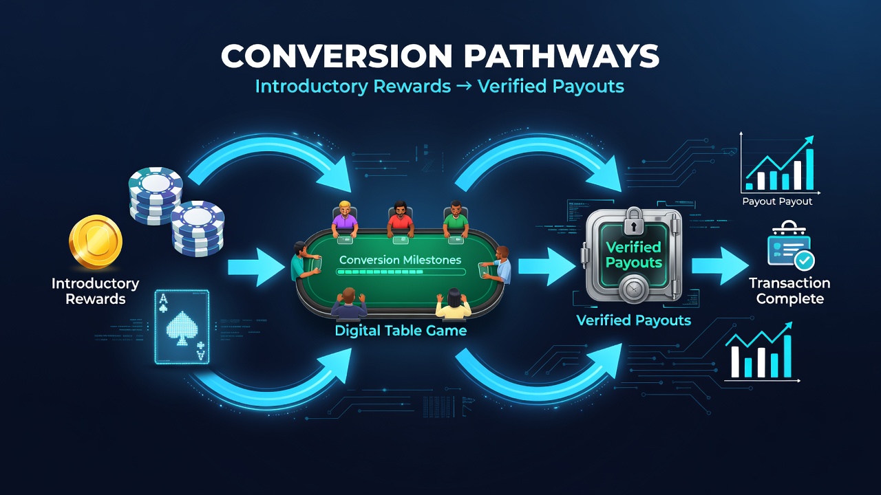 Flow diagram illustrating reward stages leading to verified cashouts in digital gaming environments