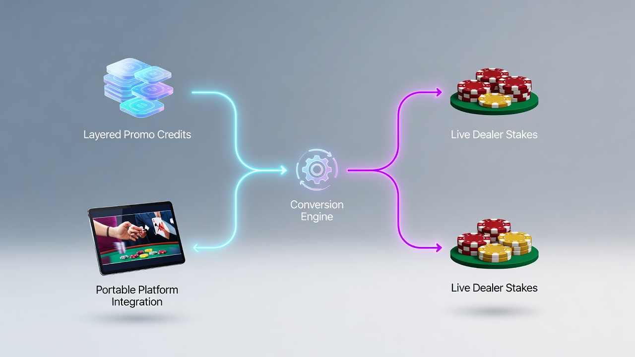 Tablet view of live dealer interface showing converted promo stakes applied to baccarat table