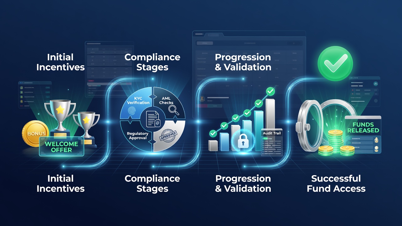 Digital interface showing bonus activation progressing through verification checkpoints toward fund access