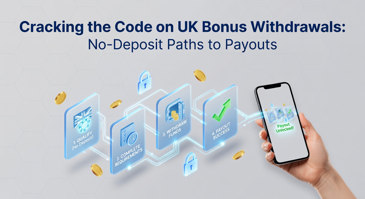 Digital graphic showing a flowchart of no-deposit bonus conversions leading to cash payouts in UK online casinos