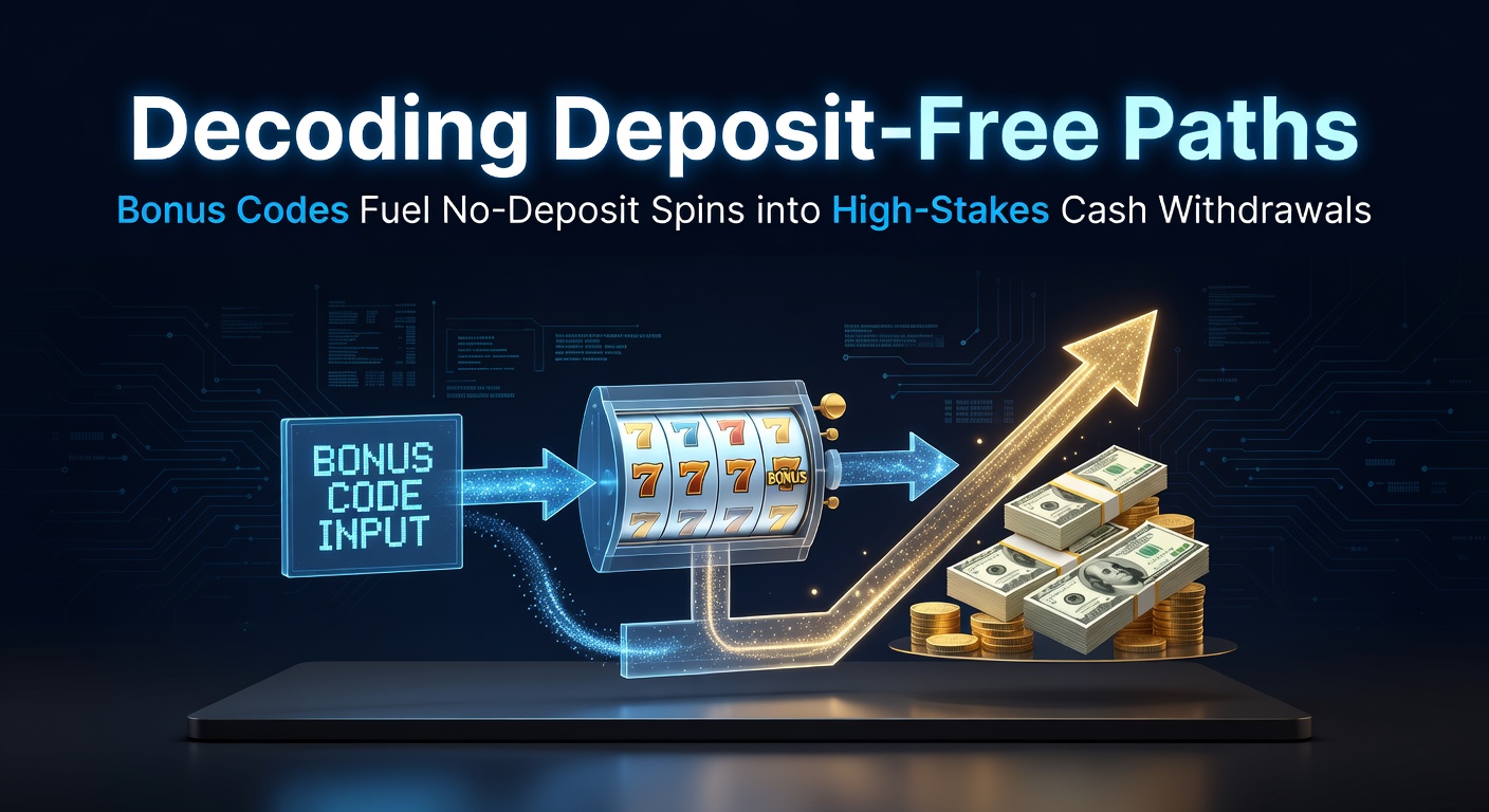 Illustration of a digital slot machine displaying free spins activated by a bonus code, leading to a cascading pile of gold coins representing cash withdrawals