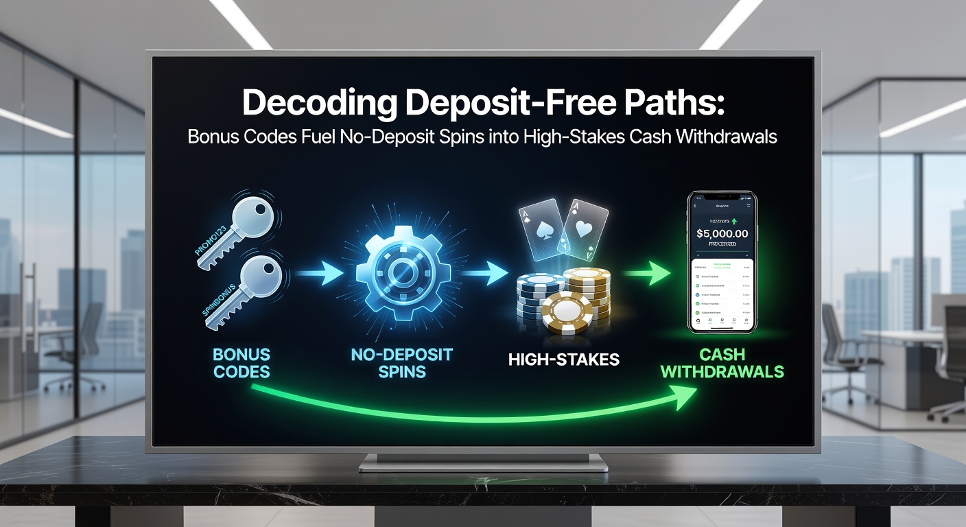 Graphic showing a flowchart from bonus code entry through free spins, wagering progress bar, and final cash withdrawal button, with high-stakes chips in the background