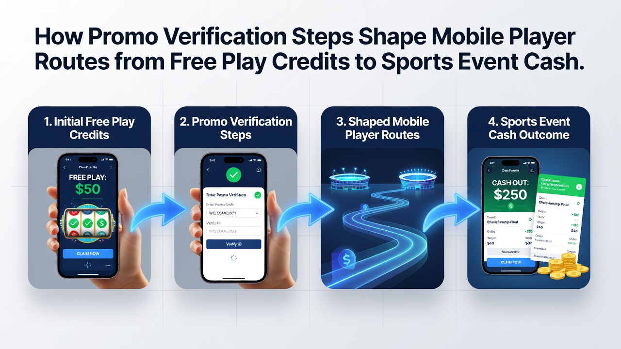 Flowchart diagram of mobile player verification journey from free credits to cashouts
