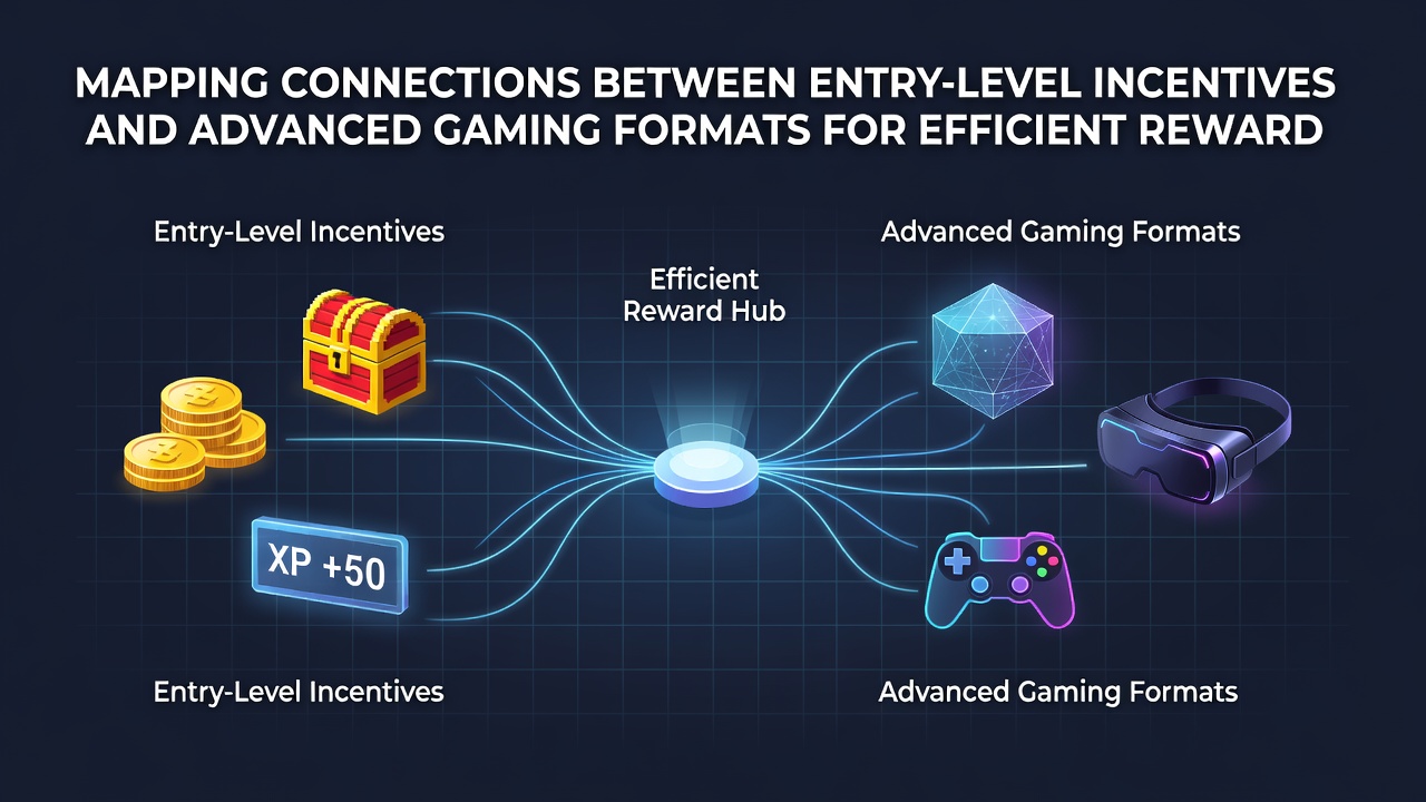 Flowchart showing progression pathways from starter rewards through intermediate games to premium formats