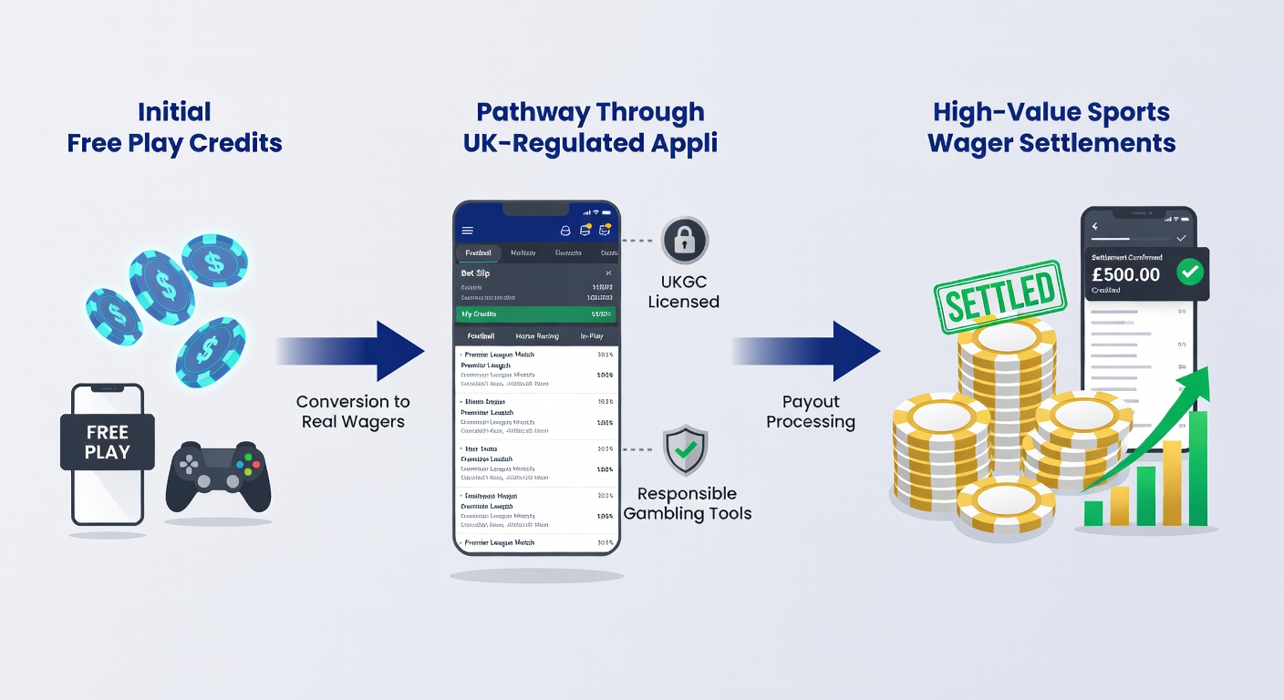 Mobile app screenshot illustrating credit balance transitioning into a placed sports wager with settlement details
