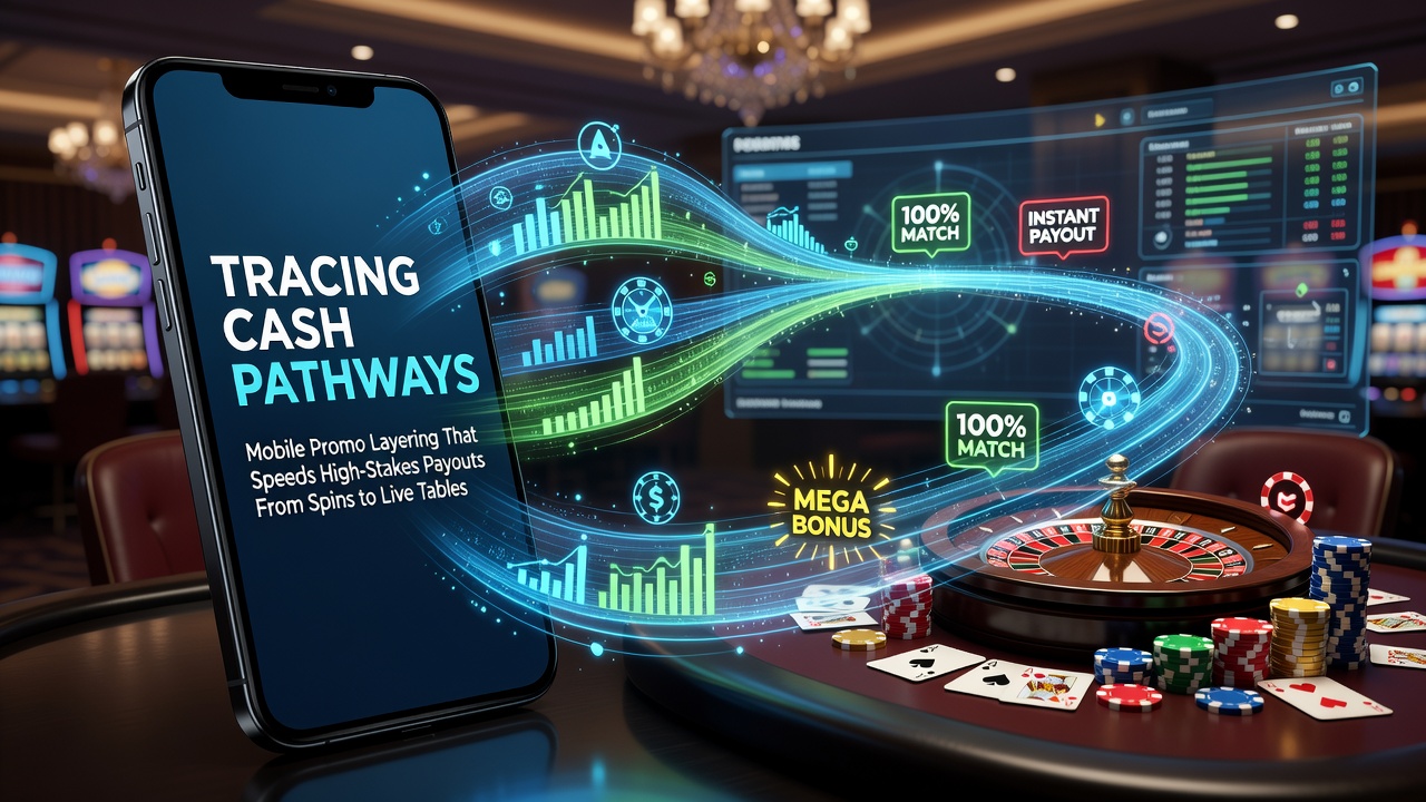 Mobile device displaying layered casino promotions transitioning from slot spins to live dealer tables with cash flow indicators