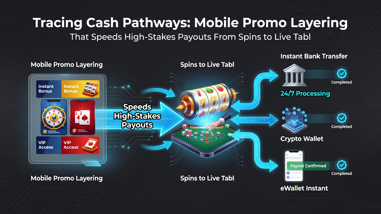 Infographic showing cash pathways from mobile spins through layered promotions to live table cashouts with timeline markers