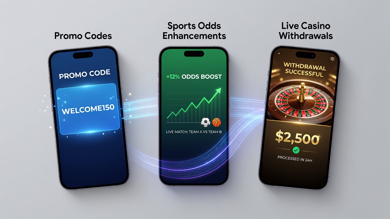 Illustration of mobile app interface showing promo codes and sports betting enhancements