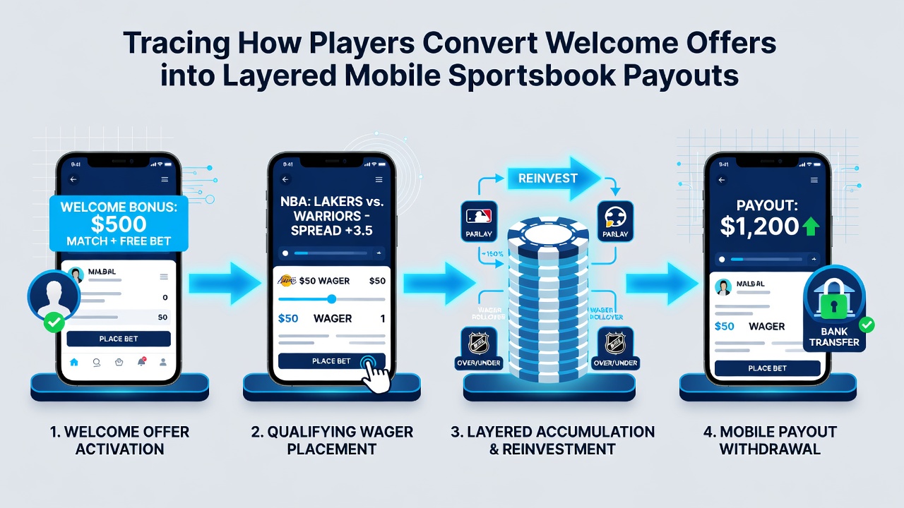 Flowchart illustrating conversion steps from welcome offers to mobile sportsbook payouts