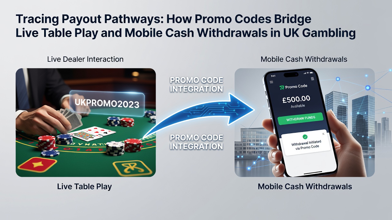 Diagram showing data flow from live table sessions through promo code validation to mobile cash withdrawal requests